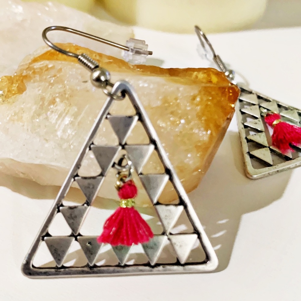 New - Silver-Tone Triangle Earrings with HOT PINK Tassel